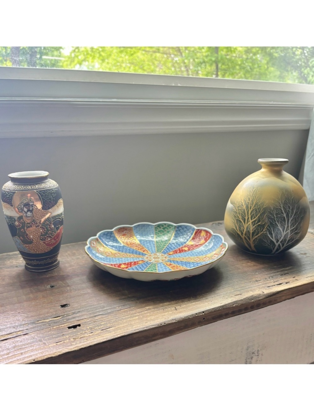 Vintage Asian Decor Bundle - Moriage Vase, Imari Style Plate, Hand Painted Green